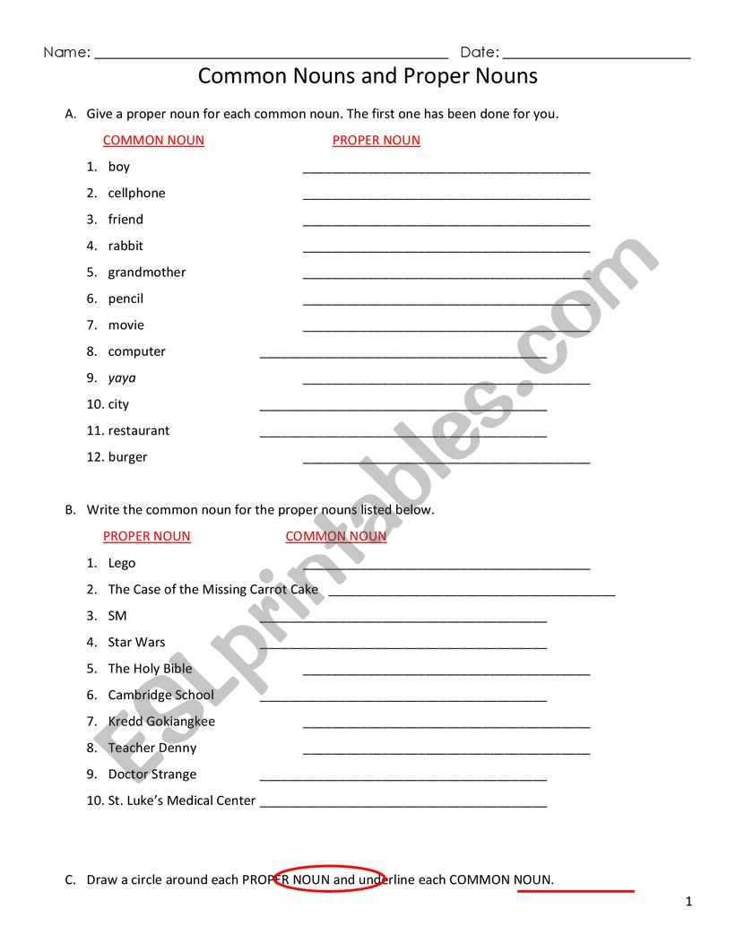 Common and Proper Nounces worksheet