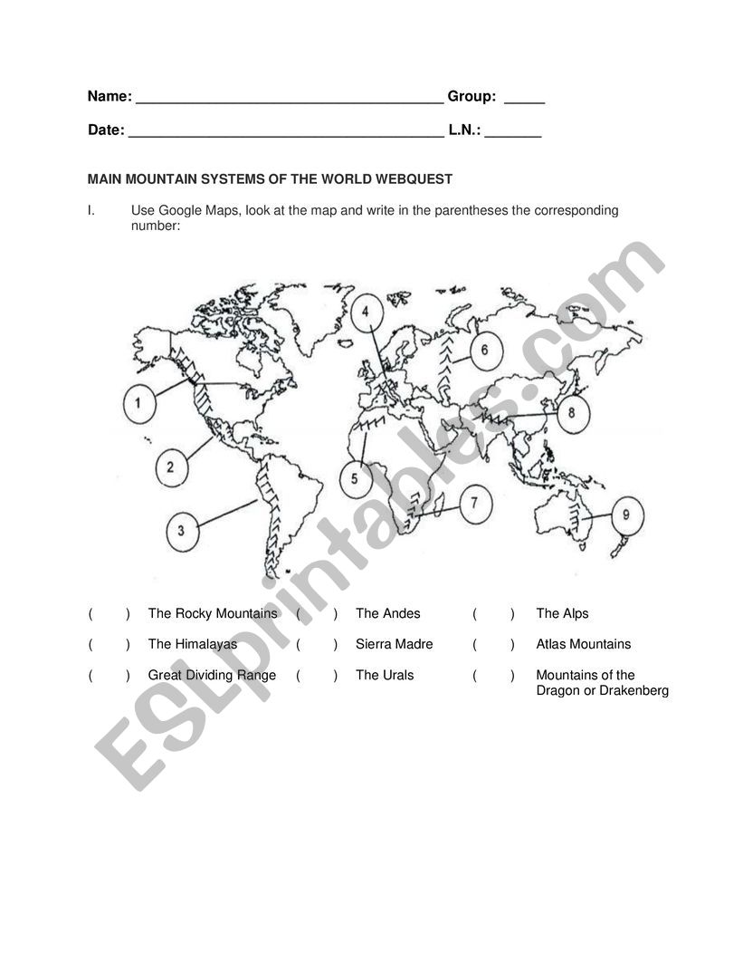 Geography: Mountain Regions Exercise