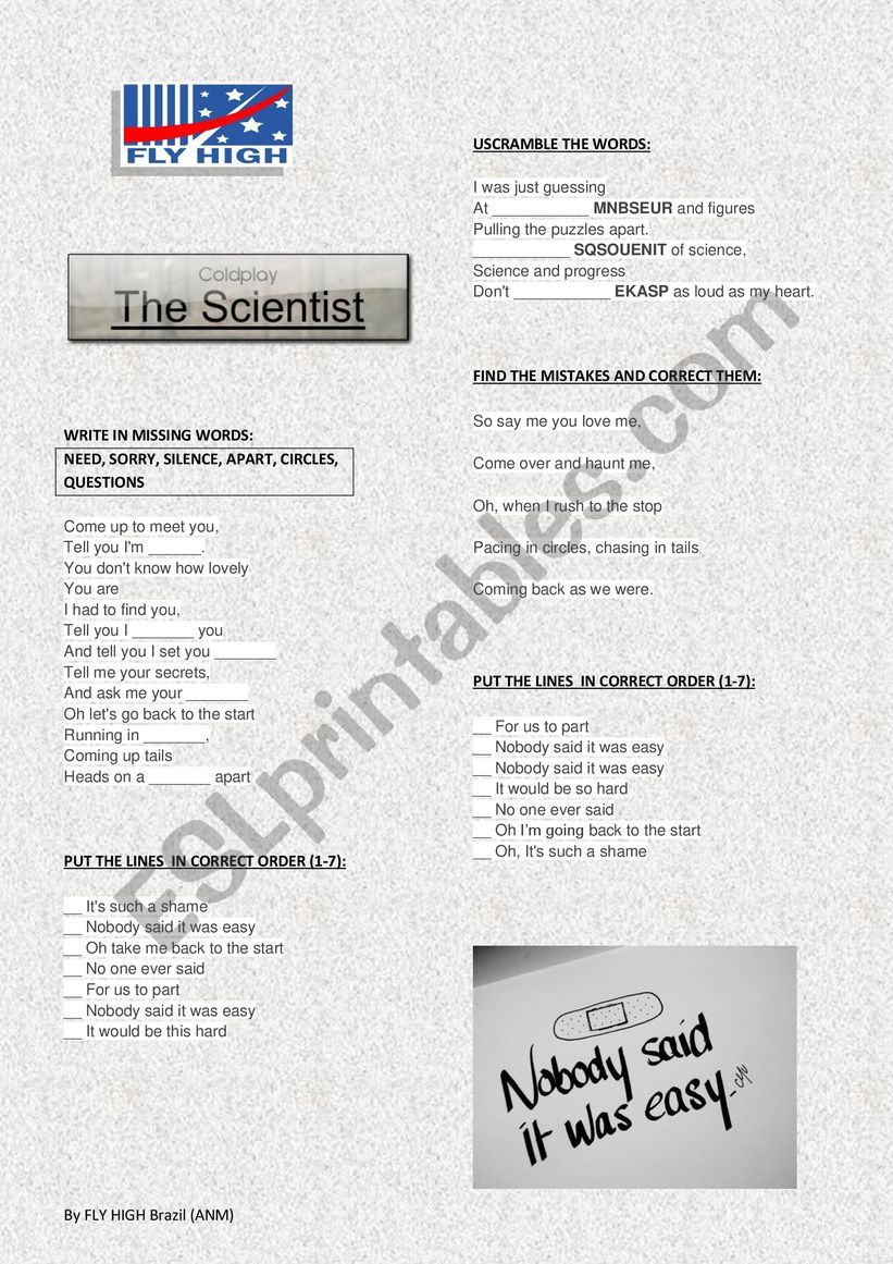 COLDPLAY- THE SCIENTIST worksheet