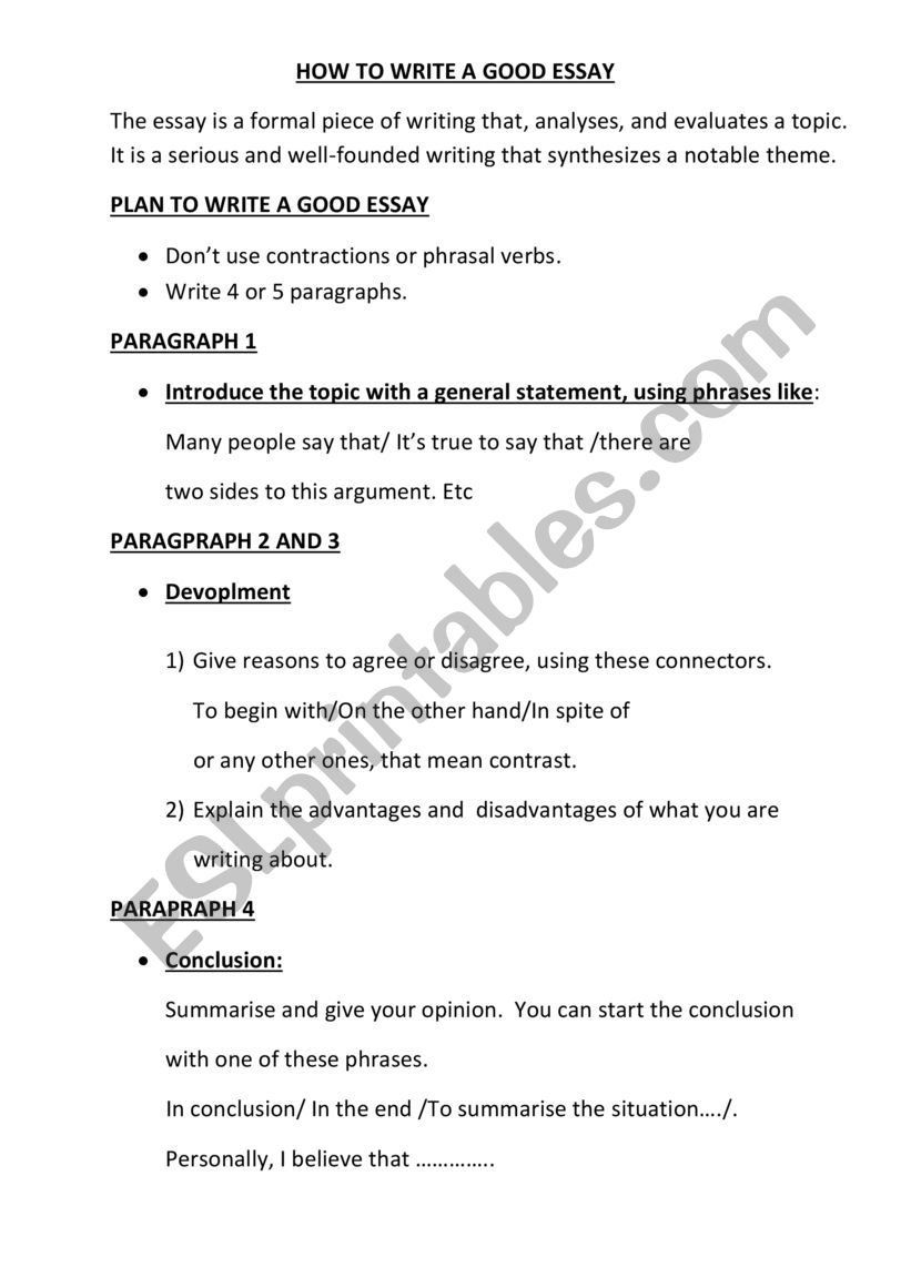 HOW TO WRITE A GOOD ESSAY worksheet