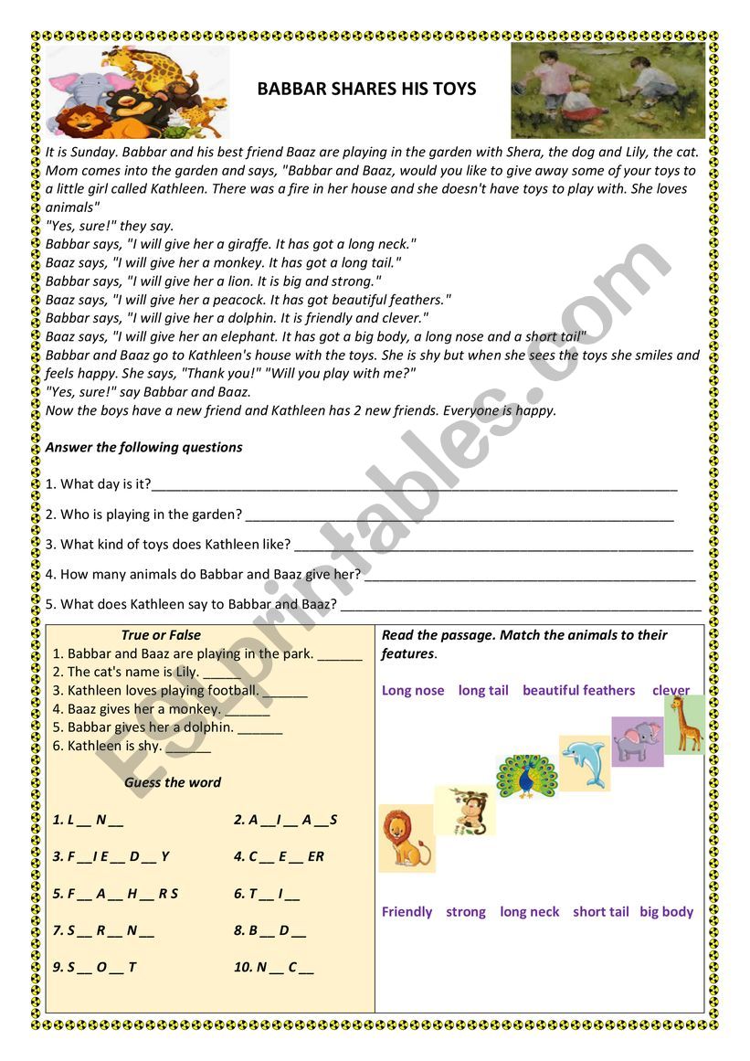 BABBAR SHARES HIS TOYS (WS6) worksheet