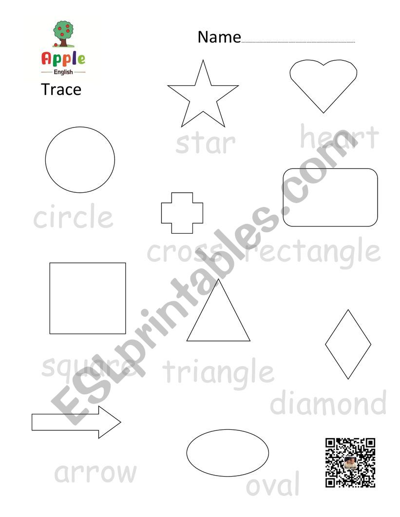 shapes worksheet, listen and trace, colour in, trace, write writing practice