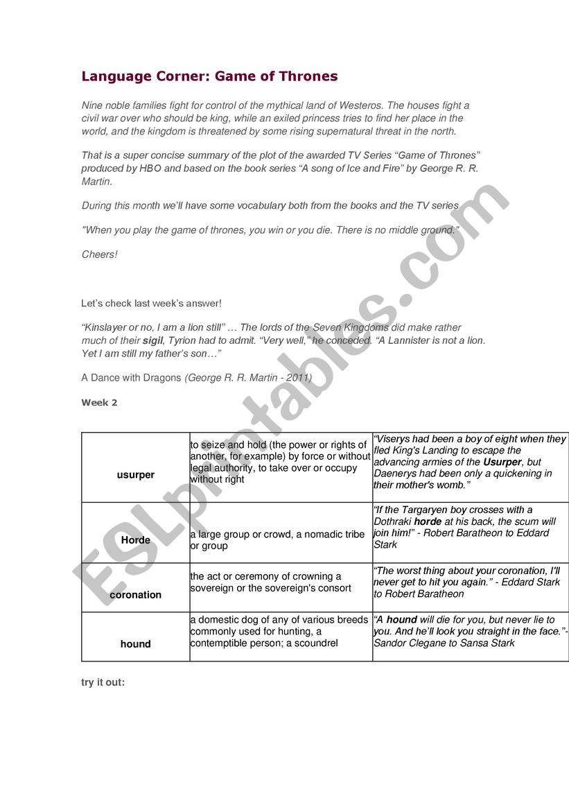 GAME OF THRONES worksheet