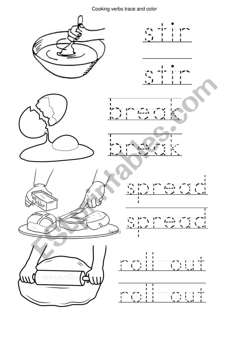 Cooking verbs trace and color worksheet