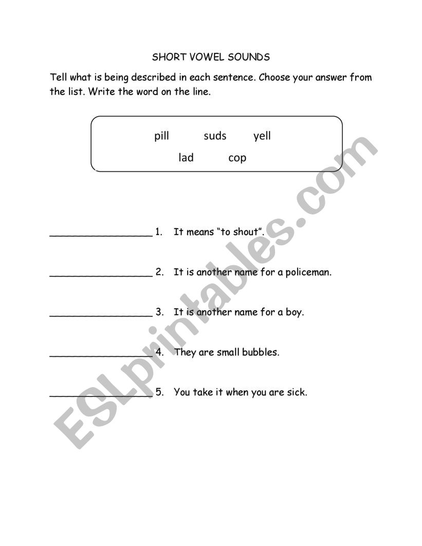 SHORT VOWEL SOUNDS worksheet