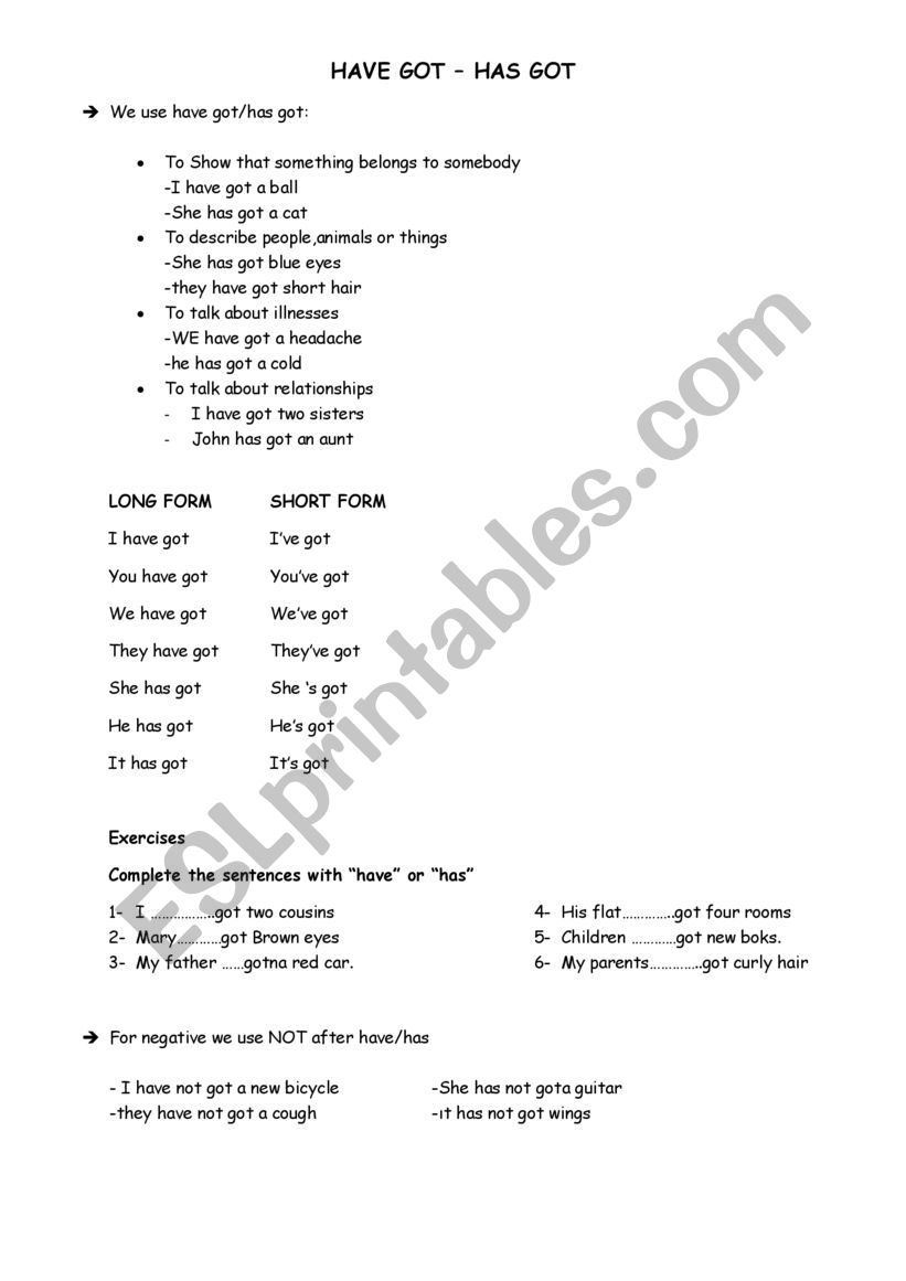 have got-has got worksheet