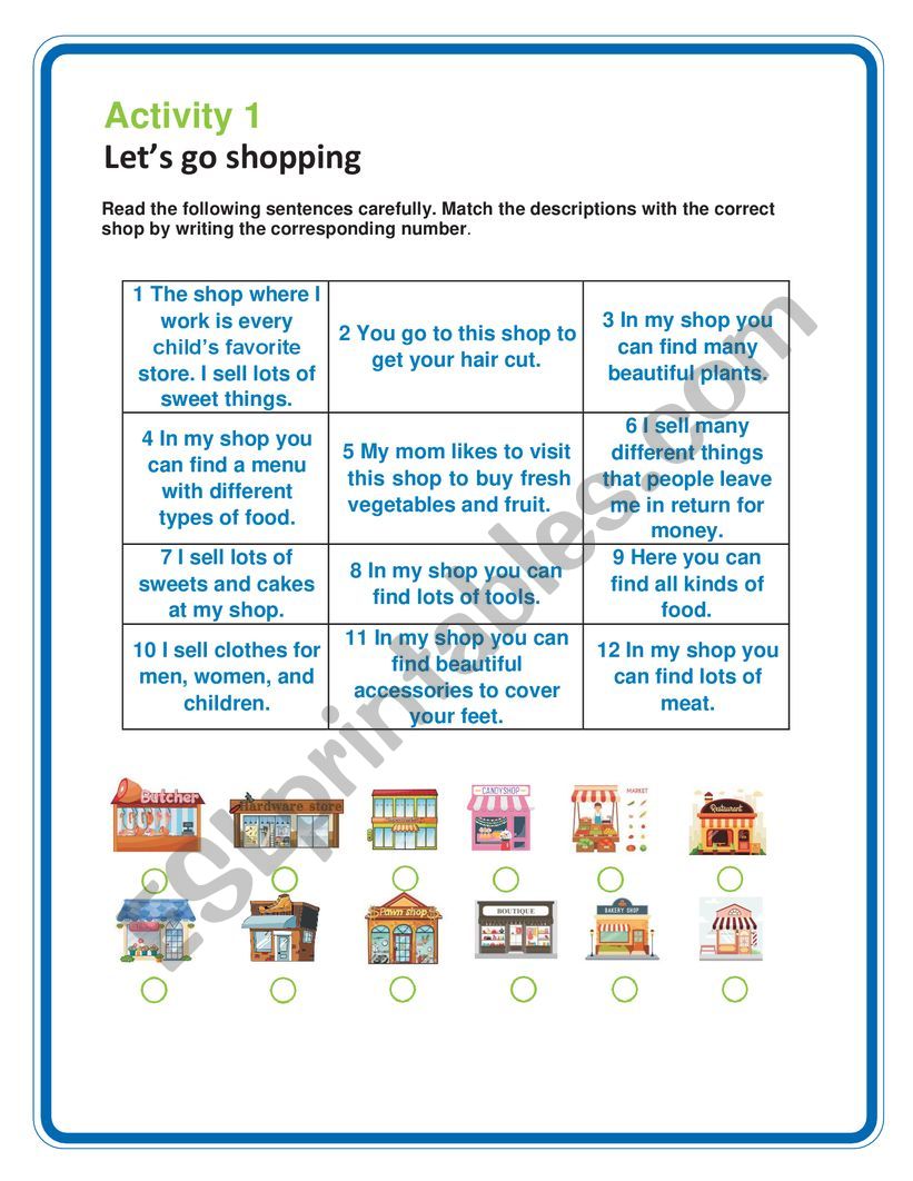 Lets go shopping worksheet