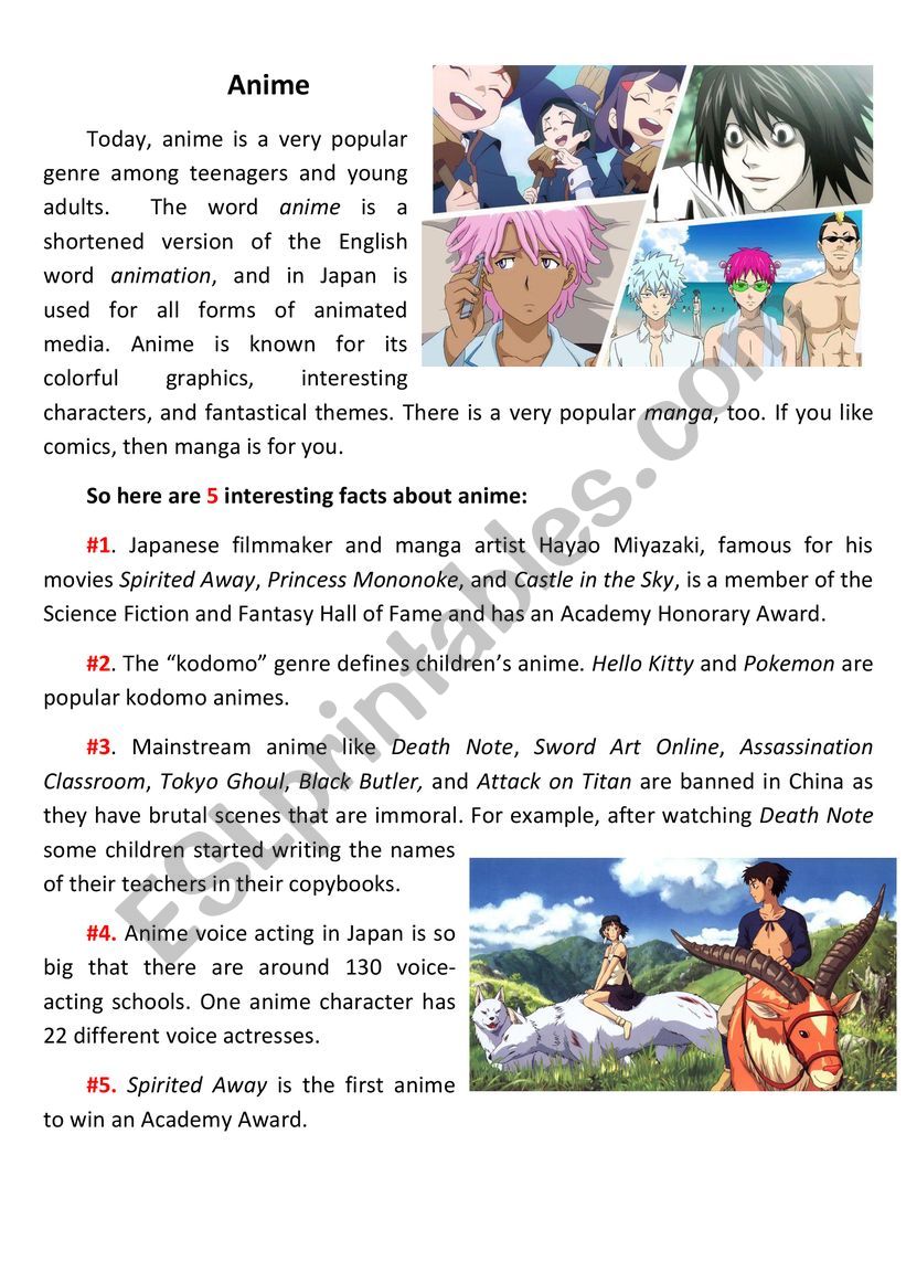 Anime Reading & Matching Activity - ESL worksheet by anniellet