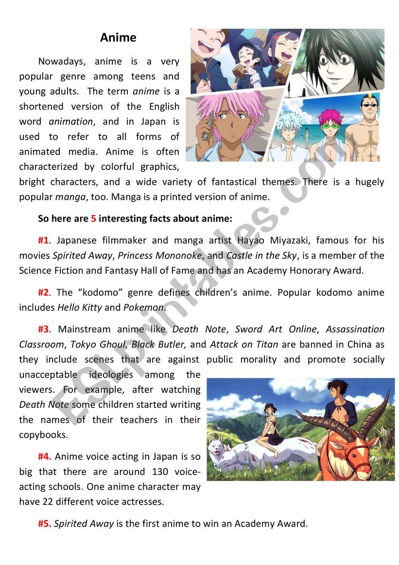 Anime Reading & Matching Activity 2 (Upper-Intermediate) - ESL worksheet by  anniellet