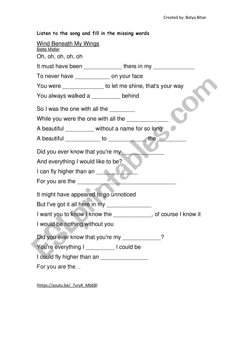 The Wind beneath my Wings worksheet