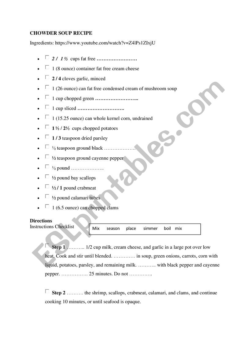 Chowder soup recipe worksheet
