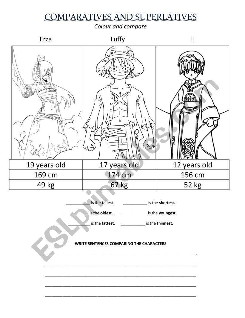 Compare the anime characters worksheet