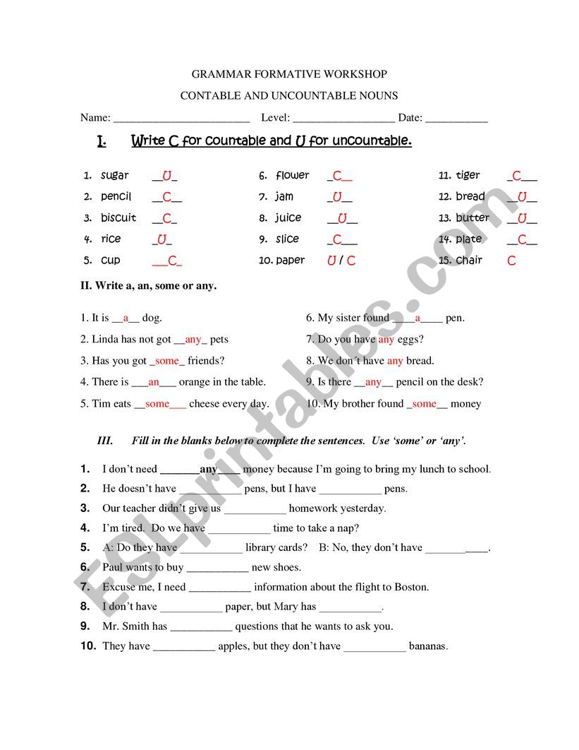 Count and Non Count Nouns worksheet