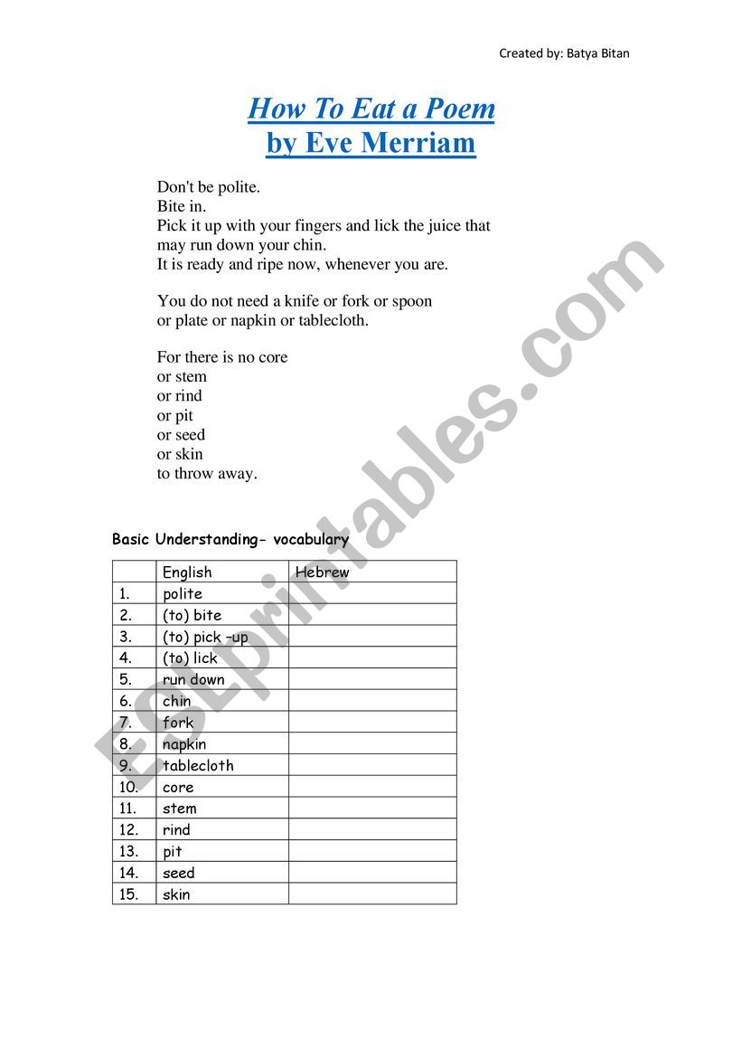 How to Eat a Poem worksheet