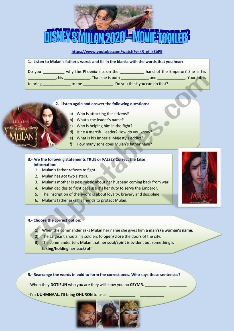2020 Disneyi S Mulan Movie Trailer Listening Reading And Speaking Esl Worksheet By Britania