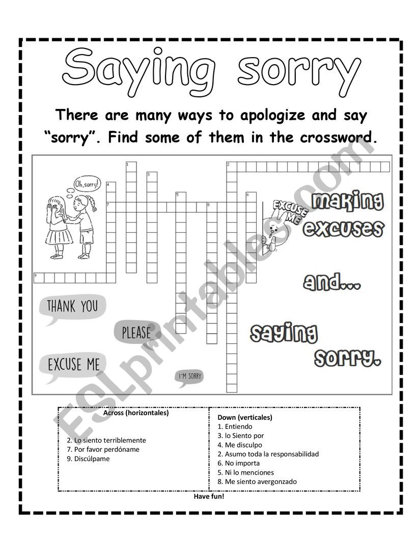 Saying sorry crossword worksheet