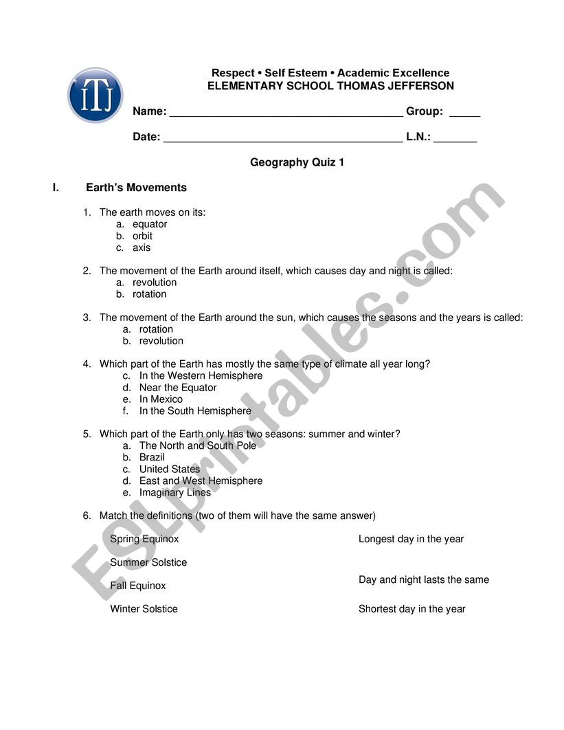 Geography: Planet Earth Quiz worksheet
