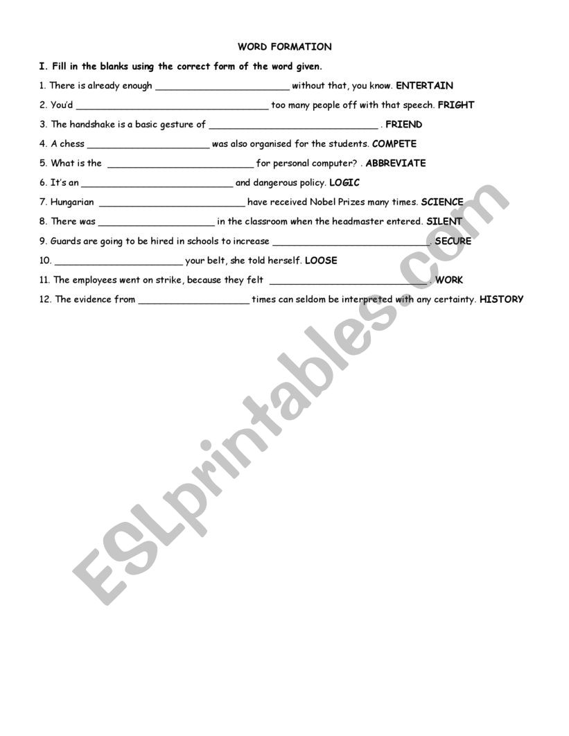 Word formation test worksheet