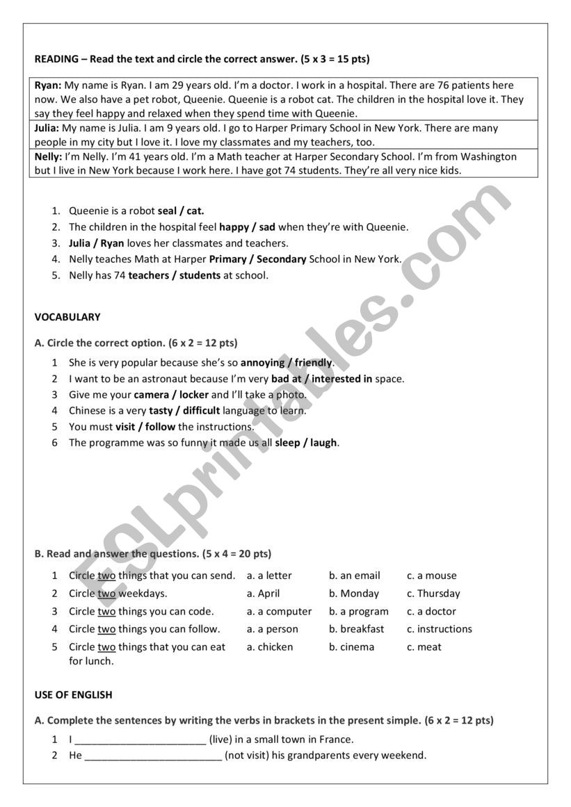 an exam for elementary students