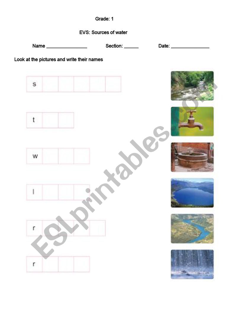 Sources of water worksheet