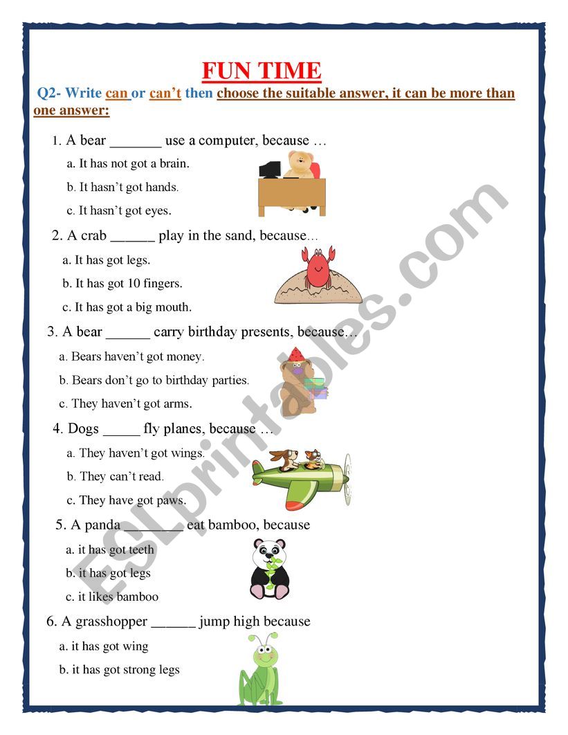 Can and can�t funny worksheet