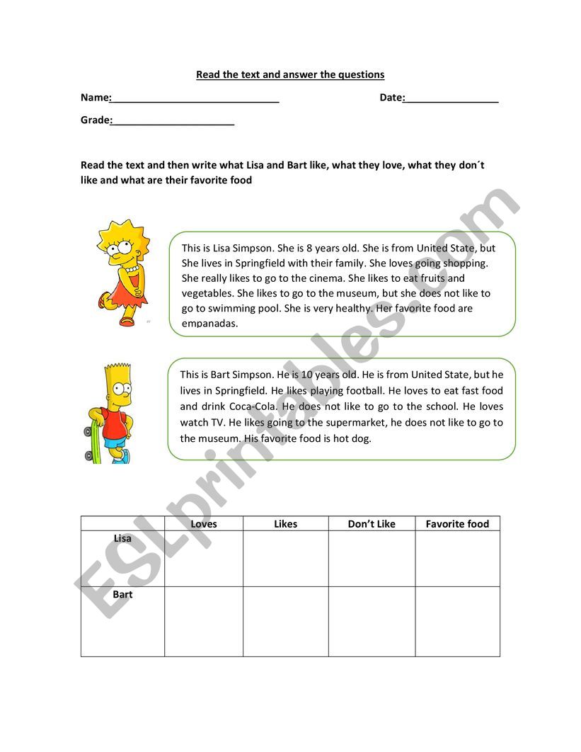 Love, likes and dont like worksheet