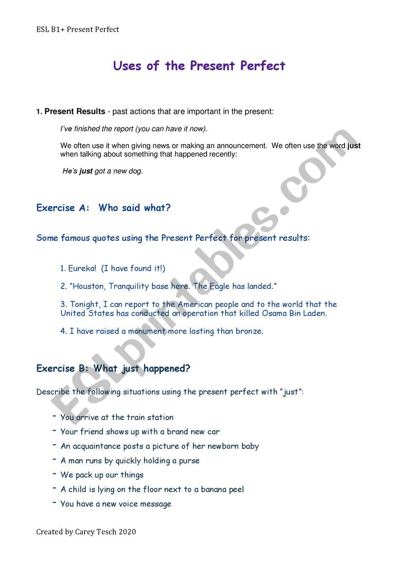 Present Perfect Uses, Famous Examples and Speaking Exercises