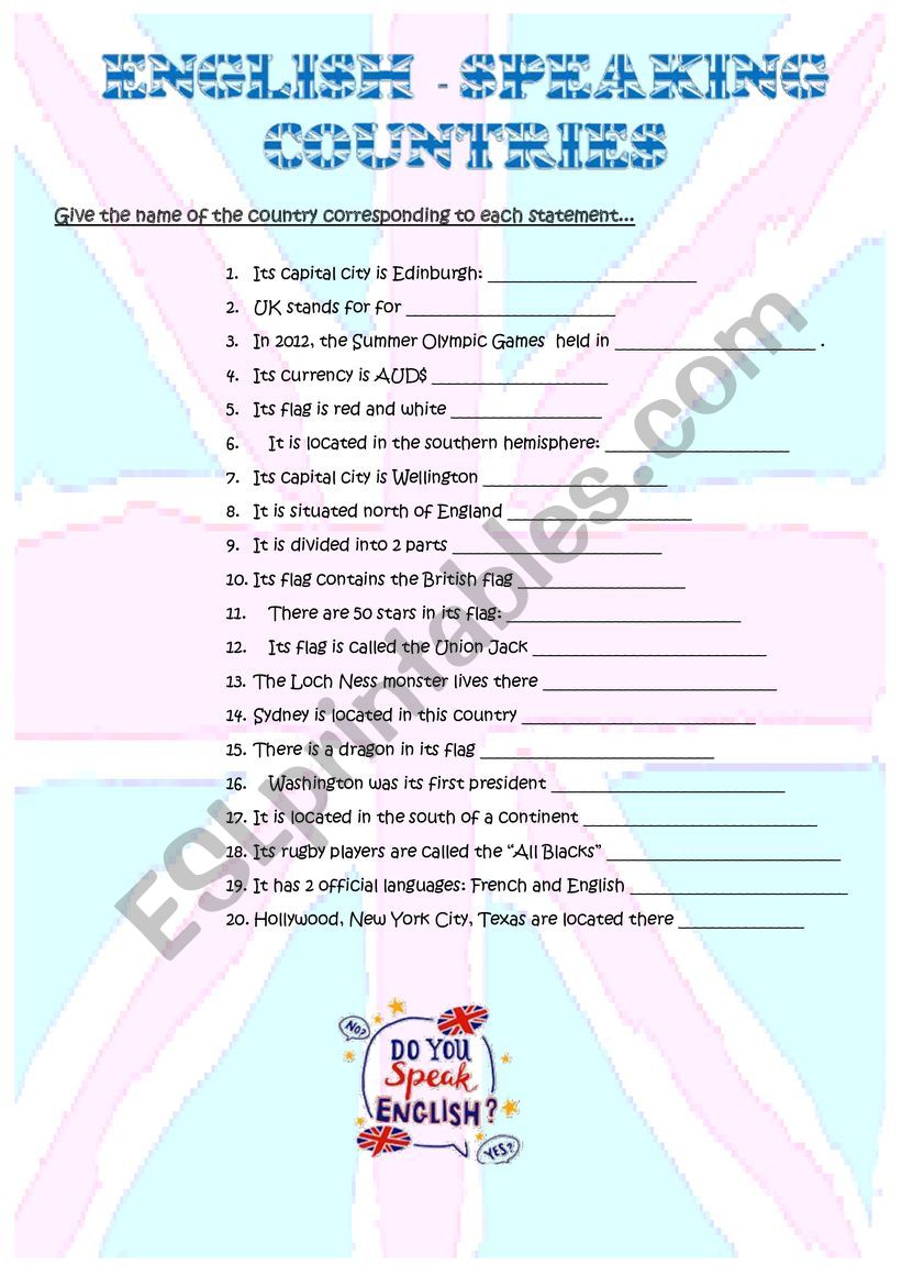 English-speaking countries worksheet