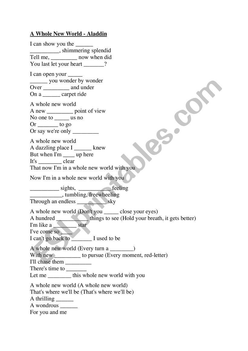 A whole new world - Aladdin worksheet