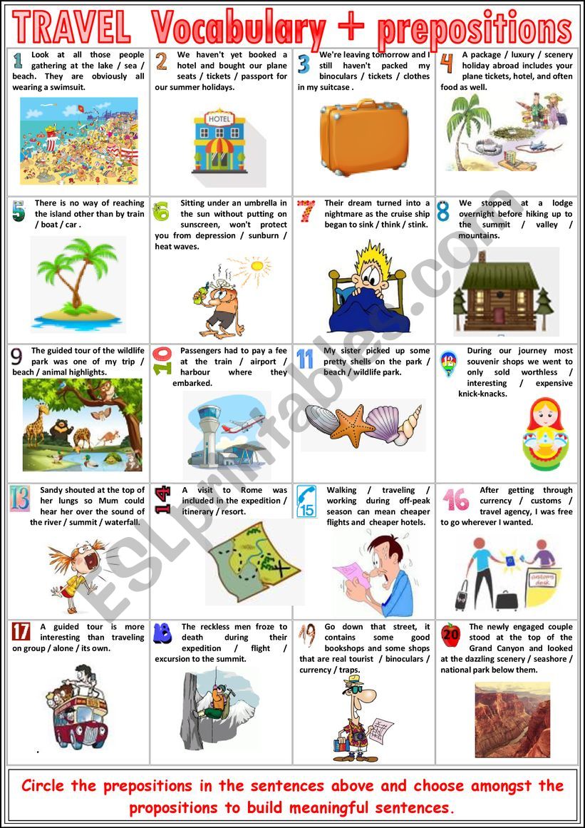 TRAVEL Vocabulary TEST - Vocabulary + prepositions + KEY