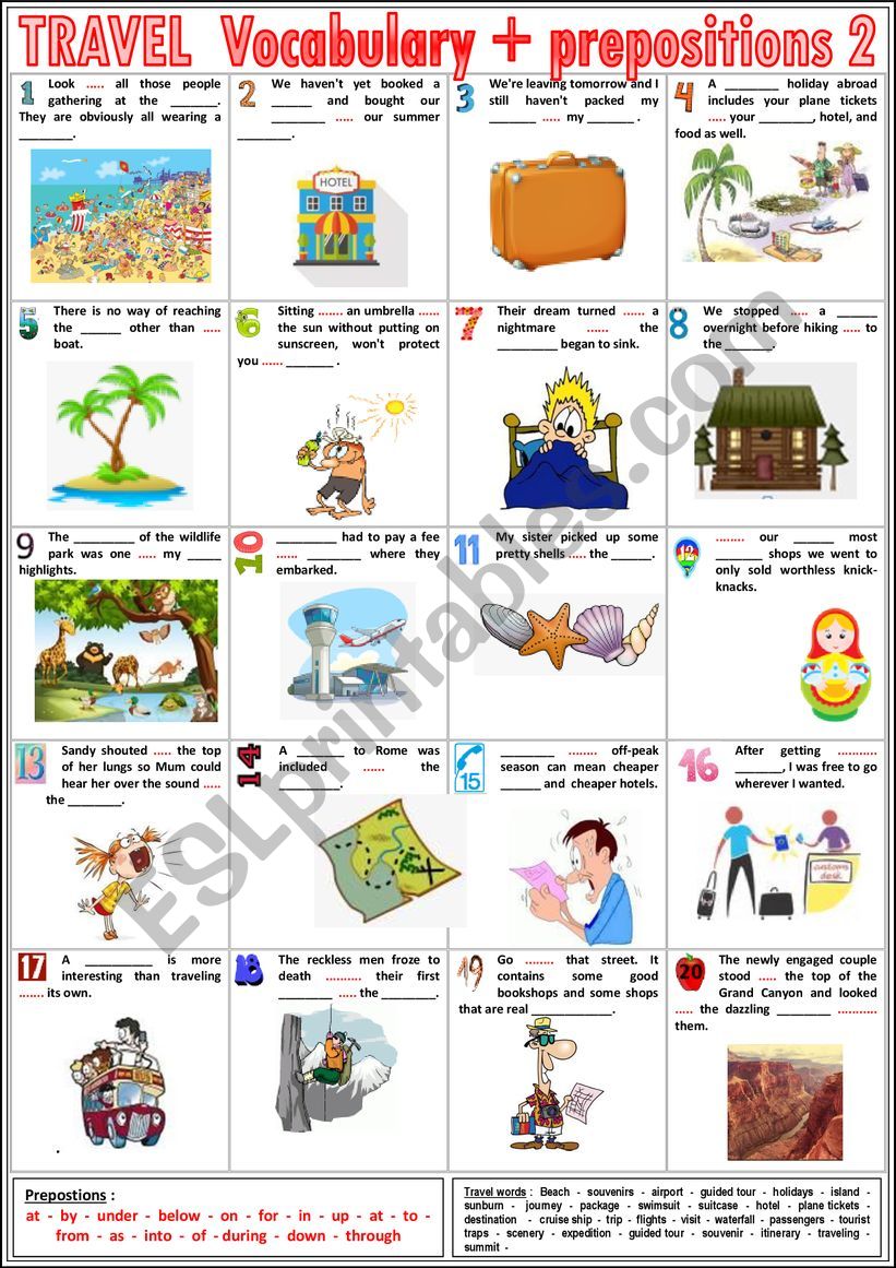 TRAVEL Vocabulary TEST  2 - Vocabulary + prepositions + KEY