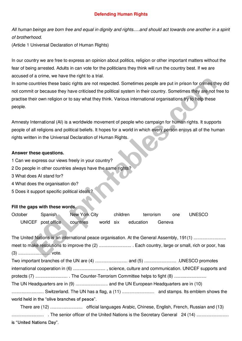 Defendig human rights worksheet