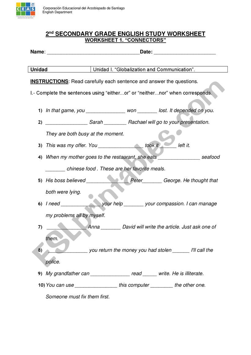 Connectors worksheet