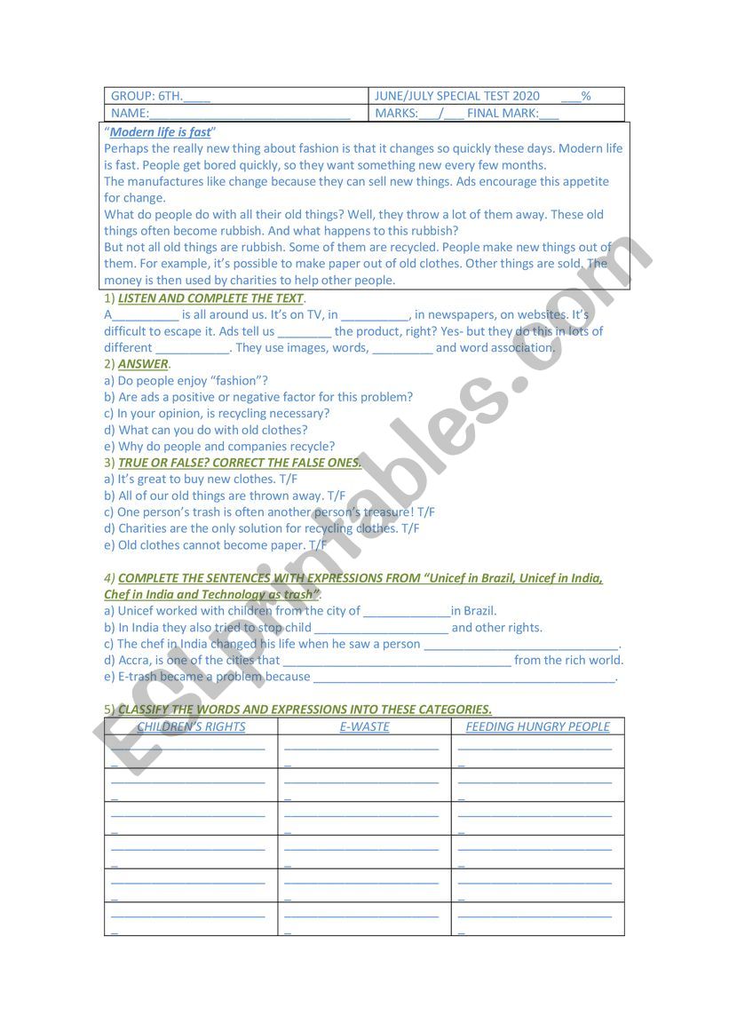 Mid Term test for 6th grade secondary school