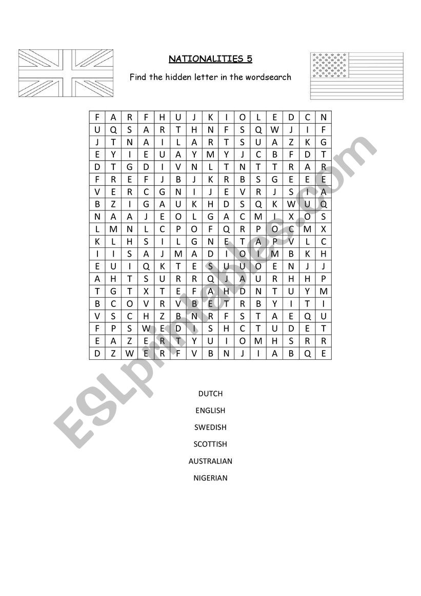 Wordsearch on Nationalities worksheet