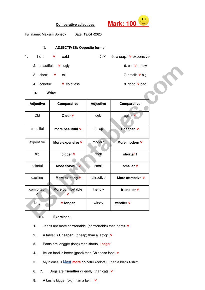 Comparison of Adjectives worksheet