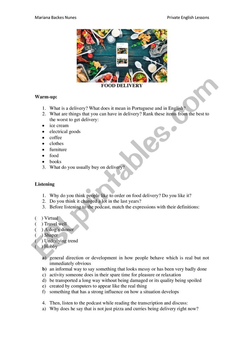 Food delivery worksheet