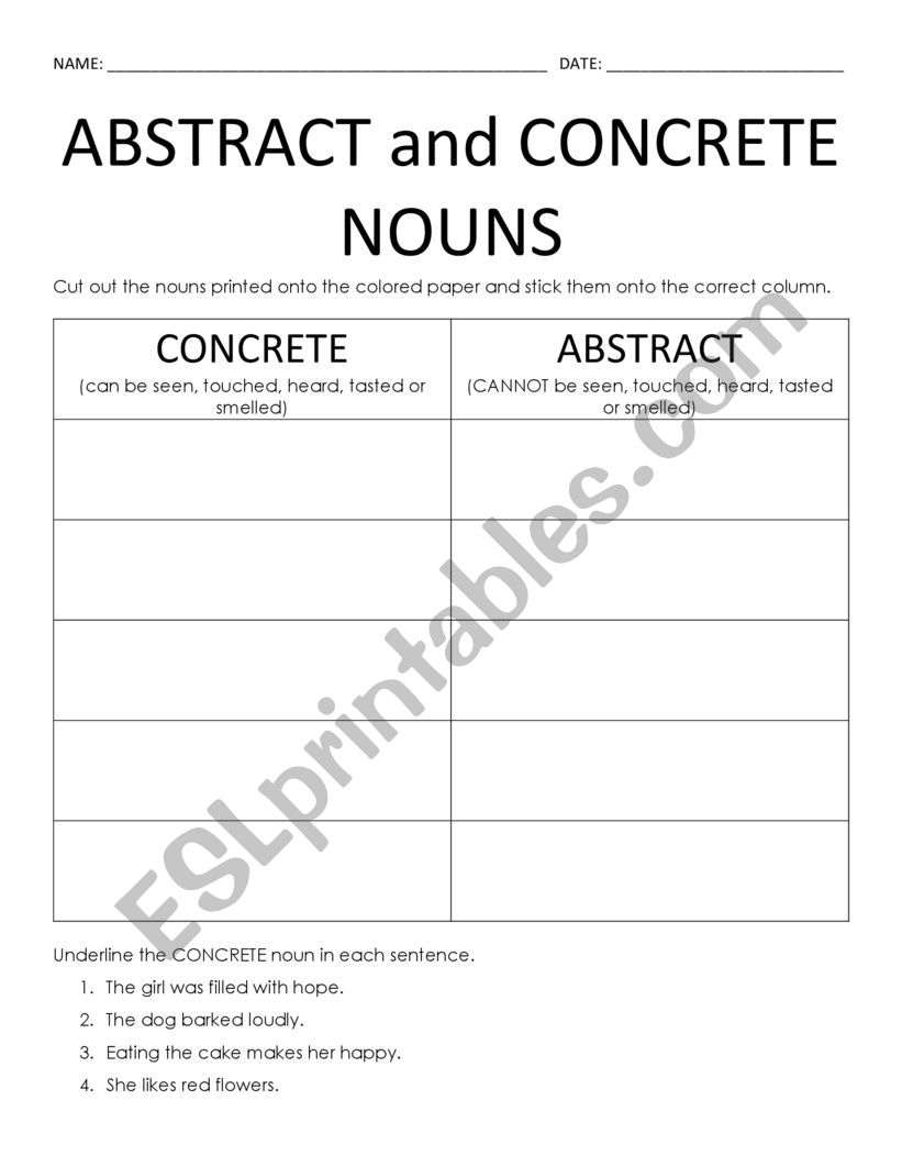 Abstract and Concrete Nouns worksheet