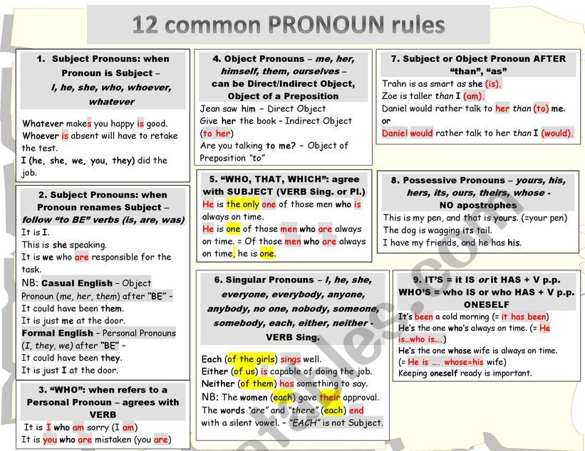12 Common Pronoun Rules worksheet