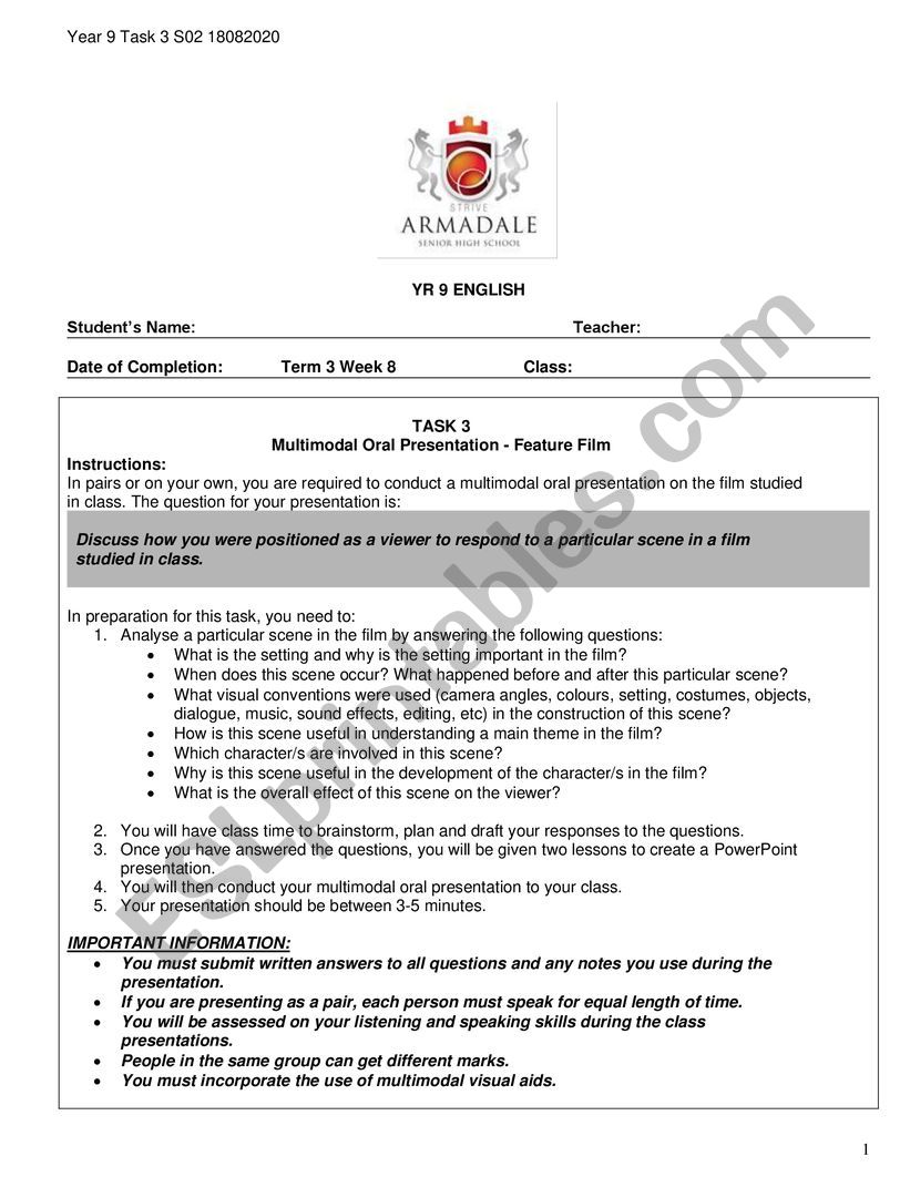 Summative and formative assessment guide year 9 Film study