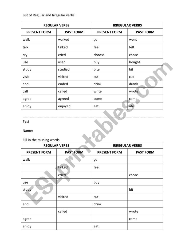 Regular and Irregular worksheet