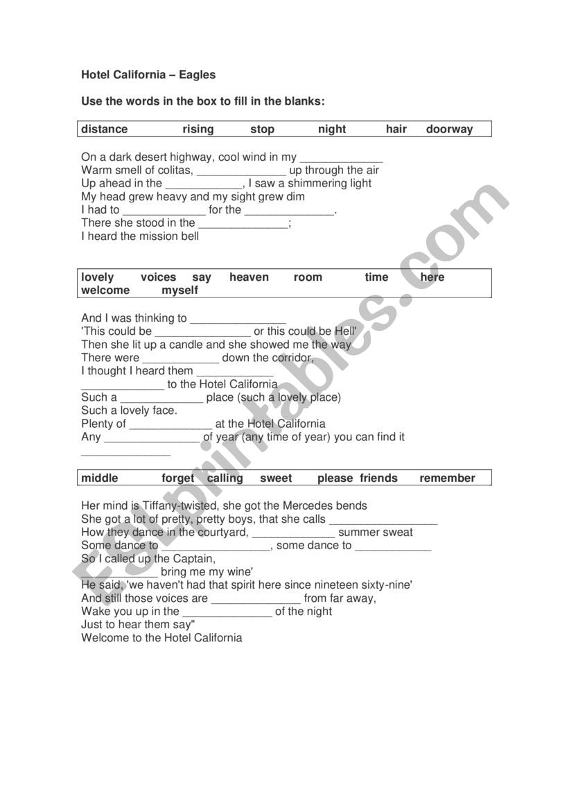 Song - Hotel California worksheet