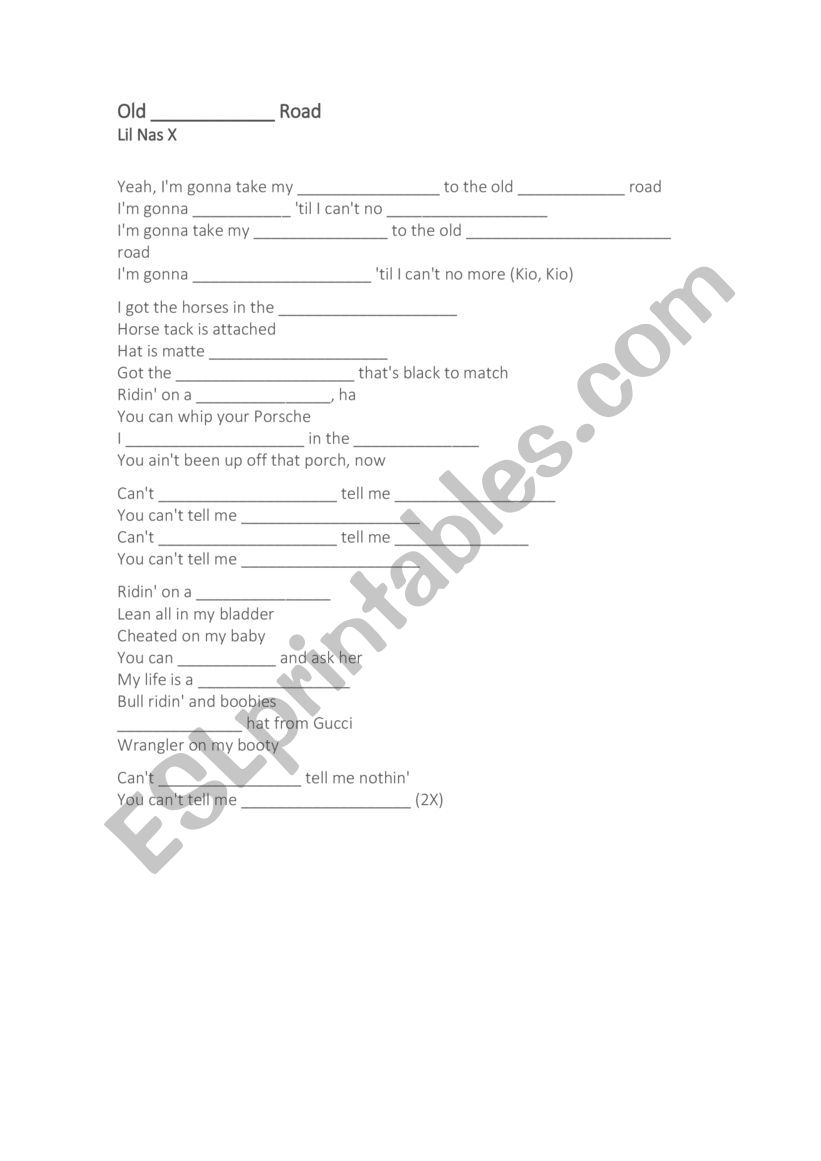 Song - Old Town Road worksheet