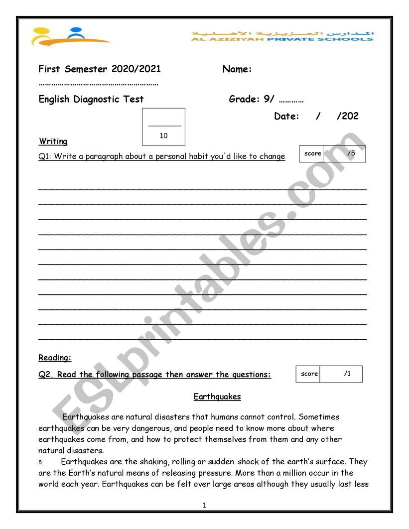 Diagnostic Test worksheet