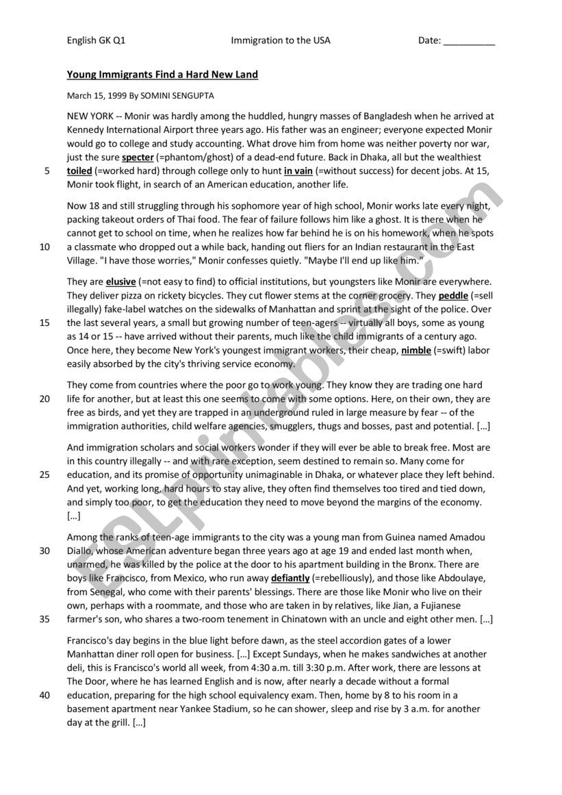 Worksheet Immigration USA worksheet