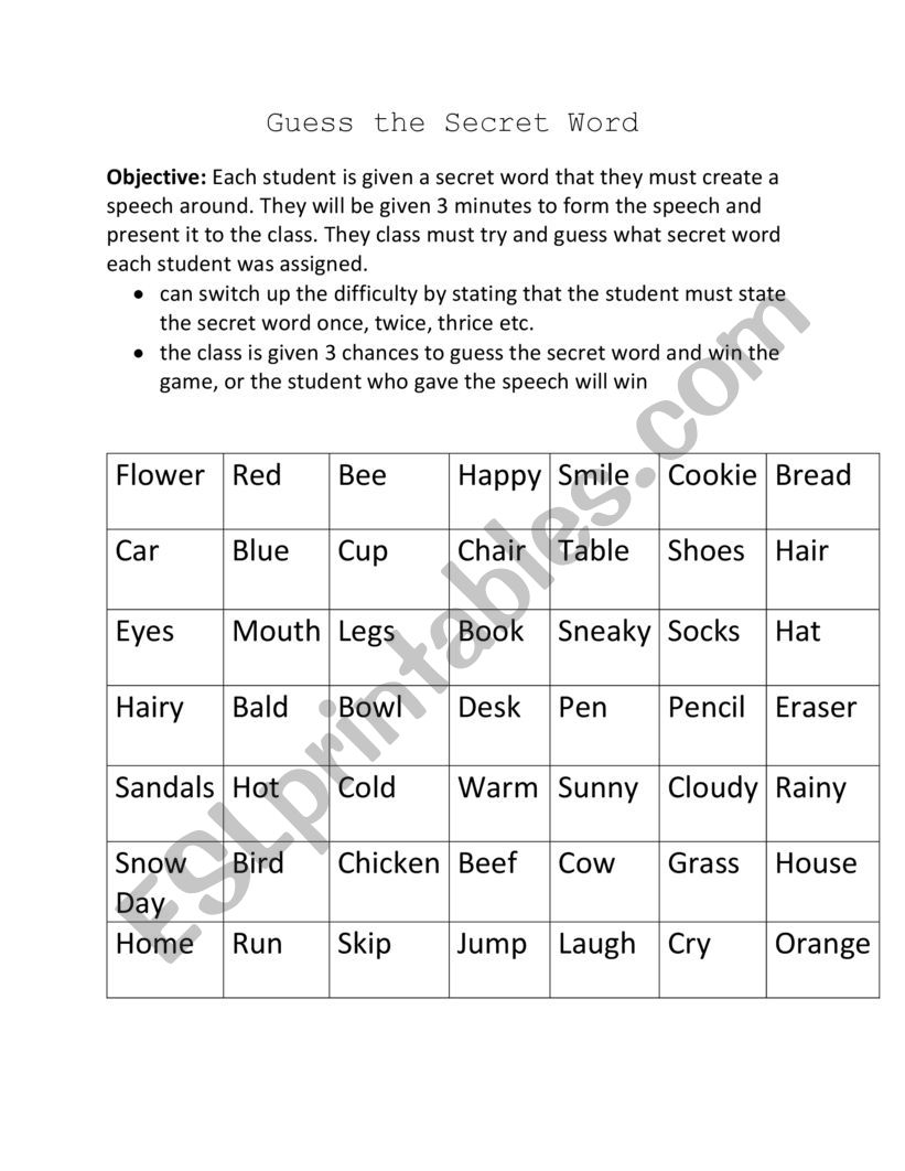 Guess the Secret Word worksheet