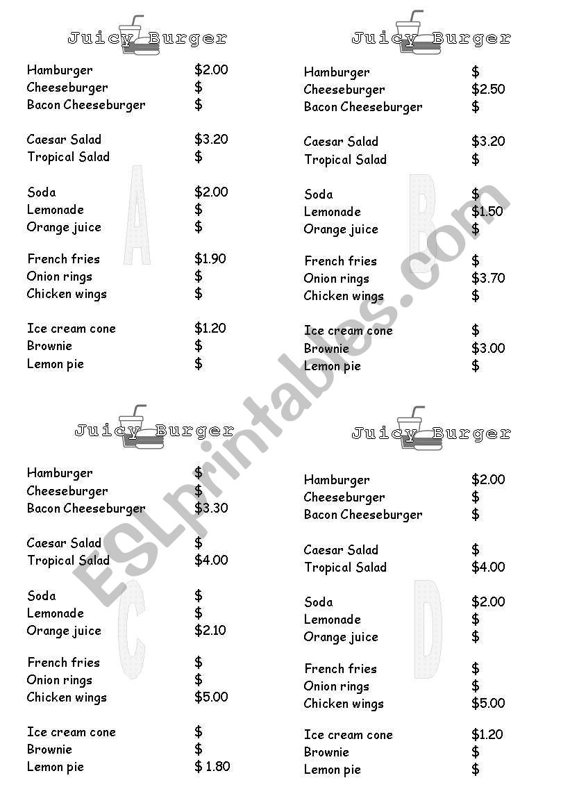 Complete The Menu With The Prices