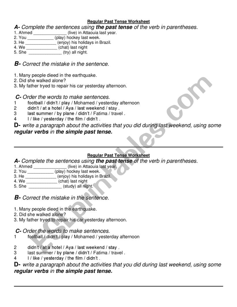 regular and irregular past tense sheet