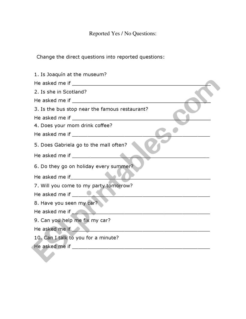 reported speech yes or no questions exercises with answers