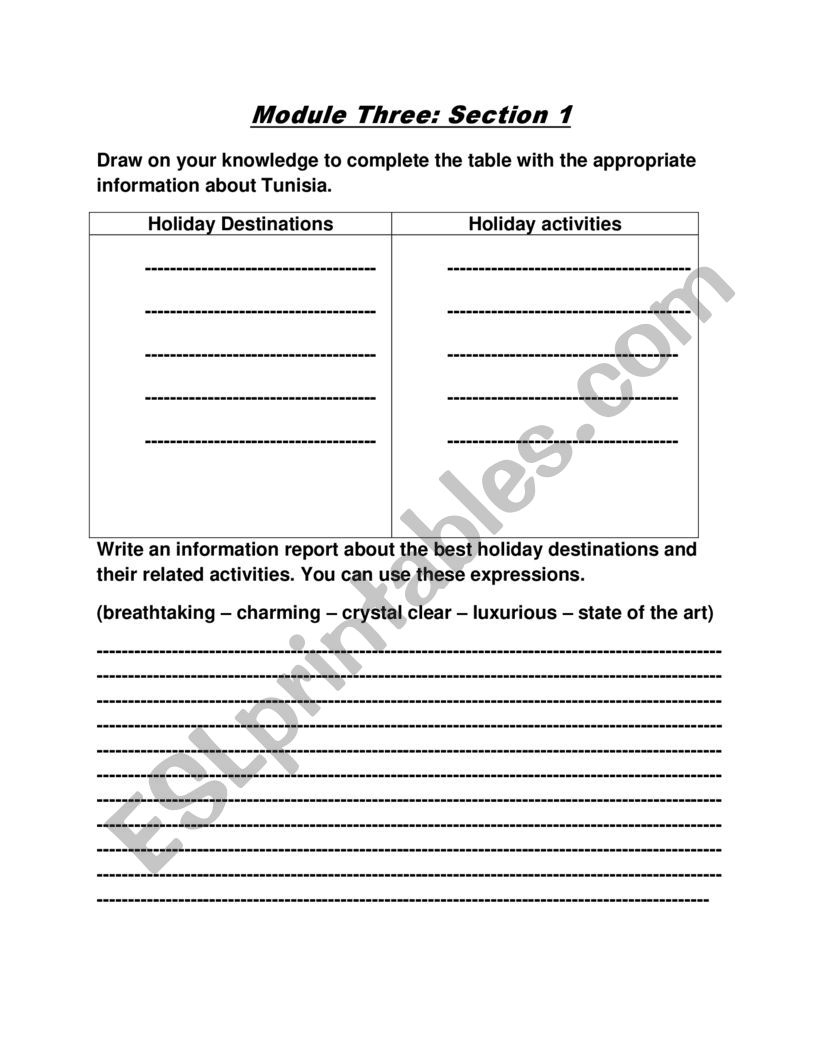 holiday destinations worksheet